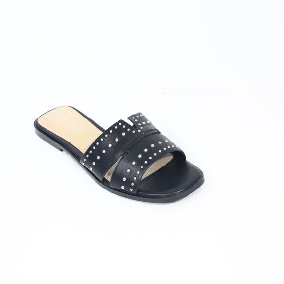 Nine West Sandals New sz 7 Women Faux Leather Slides Slip on Black Flat - Picture 1 of 10